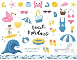 A set of summer beach, decorative elements. Beach bag, flamingo lifebuoy, diving mask, and fins. Seamless border with abstract designs. Vector illustrations in a flat cartoon style isolated on white.