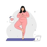 lindo personaje de mujer de talla grande haciendo yoga para sentirse seguro. cuerpo positivo y concepto de aceptación. ilustración vectorial vector