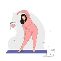 Happy plus size girl and active healthy lifestyle. Concept of love for your Body and Yoga. Hand drawn in thin Line style. Vector illustration.