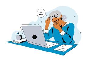 Elderly woman is Tired of working on a laptop. Tired character.  Concept of Eye Health while working at the computer. Flat graphics, vector illustration.