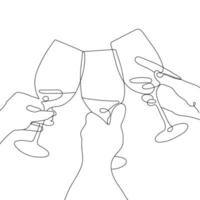 Hands Clink Wine Glasses. Continuous black one Line drawing. People Clink Glasses of drinks. Festive toast concept isolated on white background. Vector illustration.