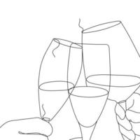 Continuous single Line drawing of Glasses of with Wine. People Clink Glasses of drinks. Minimalist linear concept of celebrate and cheering. Vector illustration.