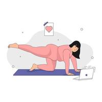 Cute Overweight girl doing Yoga. Concept of love for your Body, Body Positive and healthy lifestyle. Hand drawn in thin Line style. Vector illustration.