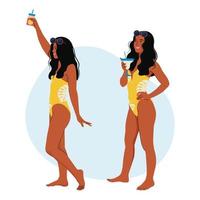 chica bronceada en traje de baño y gafas de sol bebe un cóctel de frutas. chica en traje de baño posando en la playa. vacaciones de verano, descanso y relajación. ilustración vectorial plana. vector