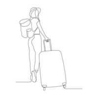 arte de línea continua o dibujo de una línea de una chica de viaje con una maleta. dibujo a mano. ilustración vectorial vector