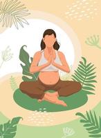 Pregnant Meditating woman. Vector illustration of Faceless young brunette woman sitting in Yoga lotus position surrounded by plant leaves. Harmony and peace concept.