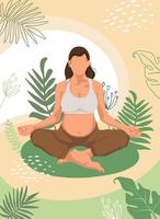Young Pregnant woman Meditating sitting in lotus pose on the Nature. Faceless style. Concept illustration for Yoga, Meditation, relax, healthy lifestyle and sports activities. Vector illustration.