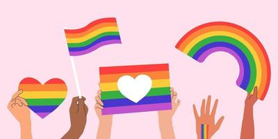 People hold a flags with an LGBT rainbow during the celebration of pride month against violence, descriptions, human rights violations. Concept of Equality and self-affirmation. Vector illustration.