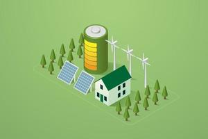 Green renewable energy house with solar panels and wind turbines, clean energy. vector