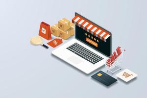 Online shopping via laptop, online store discount, paper bags parcel box, credit card and Sale 3d text on cart vector