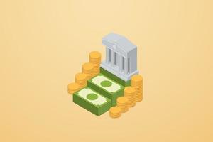 Bank building on icon paper banknotes with coins
