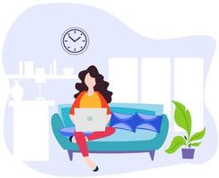 freelancer woman working at home using laptop vector