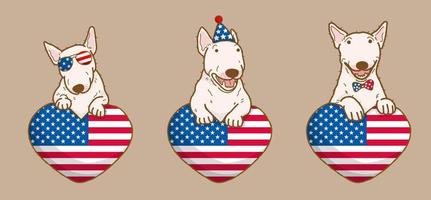lindo perro bull terrier con bandera de estados unidos calor día de la independencia americana 4 de julio y vector del día conmemorativo