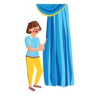 Woman Standing Near Beautiful Curtains Vector