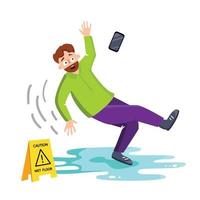 Man Falling On Wet Floor Near Caution Sign Vector
