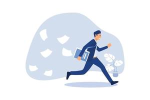 Businessman running and hurry up. businessman running with falling papers from briefcase time management deadline concept vector