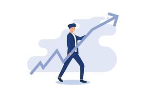 Businessman runs with increasing graph arrow. Business success flat concept illustration. Man, growth arrow as a symbol of advance in management. Profit, income, improve business vector design element
