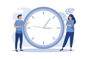 un hombre y una mujer cerca de un reloj grande. concepto de ahorro de tiempo y gestión del tiempo. ilustración vectorial plana. vector