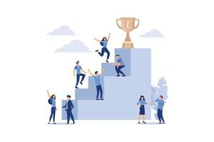 businessmen climb the ladder to the goal in the form of a golden cup, competition, career planning, career development concept, teamwork flat vector illustration