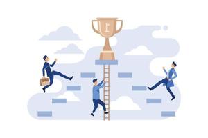 Three businessmen climb the ladder to the goal on the trophy on sky. To be one of the highest achievers. flat vector illustration