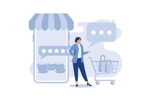 concepto de retroalimentación. calificación de revisión del cliente compras en línea. Reputación de la aplicación de la tienda en línea. clasificación de compras en línea con una estrella. vectorial, ilustración, eps, plano. vector