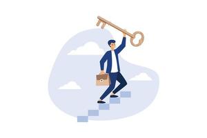 Key to business success, stairway to find secret key or achieve career target concept, businessman winner walk up to top of stairway lifting golden success key to the sky. flat vector illustration