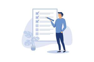 finishing project tasks or work done conclusion, project management or process plan concept, smart businessman using pen to check on project list checkbox marked as completed. flat vector illustration