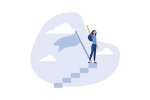 Success female entrepreneur, woman leadership or challenge and achievement concept, success businesswoman on top of career staircase holding winning flag looking for future visionary. flat vector