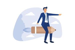 Businessman on rocket pencil , business concept flat vector illustration. smart businessman riding pencil rocket flying high into the sky. Creativity idea lead the way,