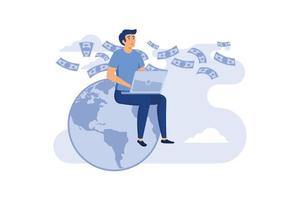 stylized character. businessman making money online, earning on network, internet. Man sitting on the globe with notebook. flat vector illustration