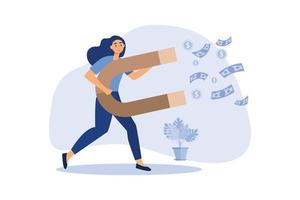 Happy businesswoman, Office worker collecting money with Magnet. vector