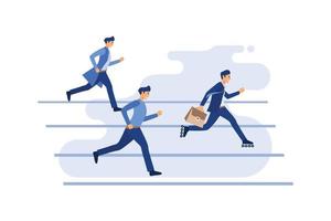 White collar workers in black suit racing on running track and a smart one carrying briefcase gets ahead by wearing inline skates. Creative vector cartoon illustration for business concept.