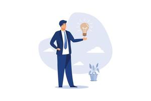 Positive thinking, optimistic mindset or good attitude to success in work, happy businessman holding smiling lightbulb idea with positive vibes around flat vector illustration