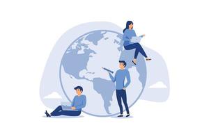 Work from anywhere around the world, business people sitting around world map on globe working with online computer. flat vectore illustration vector