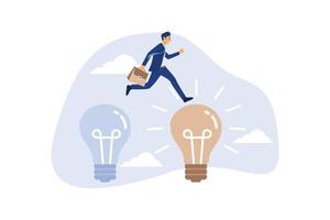 Business transformation, change management or transition to better innovative company, improvement and adaptation to new normal concept, smart businessman jump from old to new shiny lightbulb idea. vector