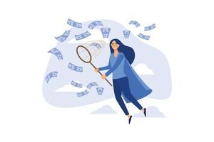 la gente atrapa la ilustración del vector de dinero. personajes del grupo de empleados planos de dibujos animados sosteniendo redes, mujer de negocios saltando, atrapando monedas de dinero volador, concepto de negocio de éxito aislado en blanco