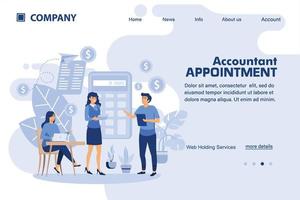 Accountant appointment. Isometric banner. Male and female flat cartoon characters communicate with each other standing by a large calculator. Landing page template