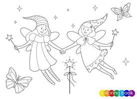 Two fairy-tale fairies and butterflies for design element kids coloring book page vector