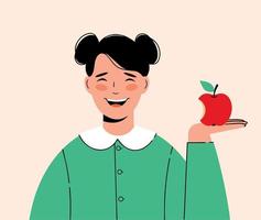 Concept of choice healthy nutrition. Young woman holding an half-bitten apple