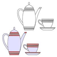 cafetera y taza de porcelana lila. color y dibujo lineal sobre un fondo blanco vector