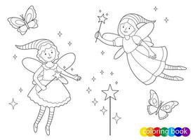 Fairy-tale fairies with magic wands and butterflies for design element kids coloring book page vector