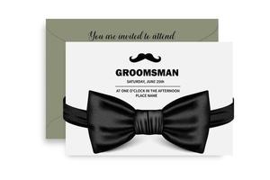 Vector stock illustration of the best man's invitation. Wedding card template with a quote. Tuxedo, shirt, bow tie. Isolated on a white background.