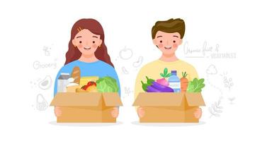 Boy and Girl holding reuse cardboard box with green grocer. Reusable box of fruits, vegetables, milk, bread. Food products in eco package. Organic products from farm. Flat vector illustration.