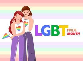 Pride month for LGBT right and social concept for poster or card. Lesbian couple, girl holding rainbow flag symbol, stading beside woman. Gay bisexual transgender community. Flat vector illustration