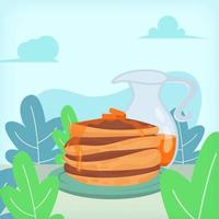 A Plate of Pancakes and A Jar of Maple Syrup Flat Illustration Design Concept vector