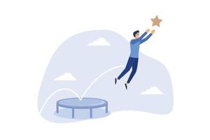 Reach success, improvement or career development, business tools advantage to reach goal or target, growth and achievement concept, businessman bounce on trampoline jump flying high to grab star. vector