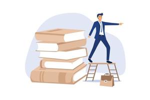 Business skills for career opportunity, knowledge or education for future job, challenge and personal improvement, reading list concept, businessman climb up ladder on books stack for good vision. vector