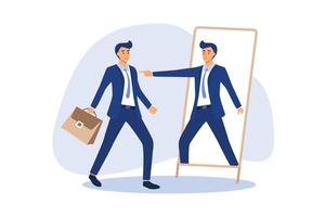 Self esteem or self care, believe in yourself improving confident, respect in your strong attitude concept, frustrated businessman looking at mirror with his shadow encourage his confidence. vector