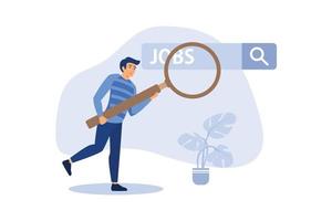 Looking for new job, employment, career or job search, find opportunity, seek for vacancy or work position concept, businessman climb up ladder of job search bar with binoculars to see opportunity. vector