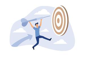 Business target achievement or success and reaching for target and goal concept, businessman leader holding dart running from rising graph arrow and jump to bullseye target to win in business strategy vector